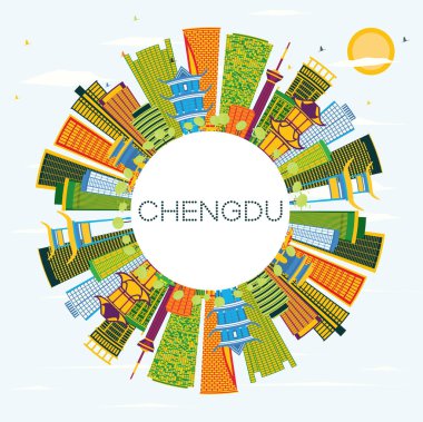 Chengdu Çin Şehri Renkli Binalar, Mavi Gökyüzü ve Kopya Uzayı ile Skyline. Vektör İllüstrasyonu. Modern Mimariyle İş Seyahatleri ve Turizm Konsepti. Tarihi Simgeli Chengdu Şehri.