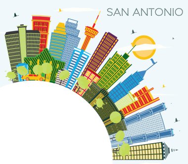 Renkli binaları, mavi gökyüzü ve kopyalama uzayı olan San Antonio Texas City Skyline. Vektör İllüstrasyonu. Modern Mimariyle İş Seyahatleri ve Turizm Konsepti. Tarihi Eserleri Olan San Antonio Şehri.