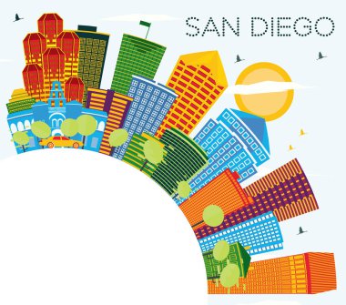 Renkli binaları, mavi gökyüzü ve kopyalama uzayı olan San Diego California City Skyline. Vektör İllüstrasyonu. Modern Mimariyle İş Seyahatleri ve Turizm Konsepti. Tarihi Simgeli San Diego Şehri.