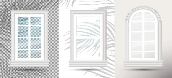 影のオーバーレイ効果を持つ3つの閉じた現実的なガラス窓 ベクトルイラスト 建築の設計要素 葉と窓枠 — ストックベクタ