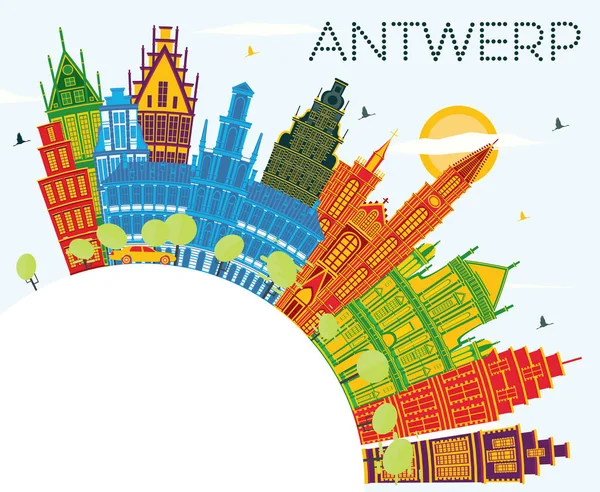 Antwerpen Belgien City Skyline Med Color Buildings Blue Sky Och — Stock vektor