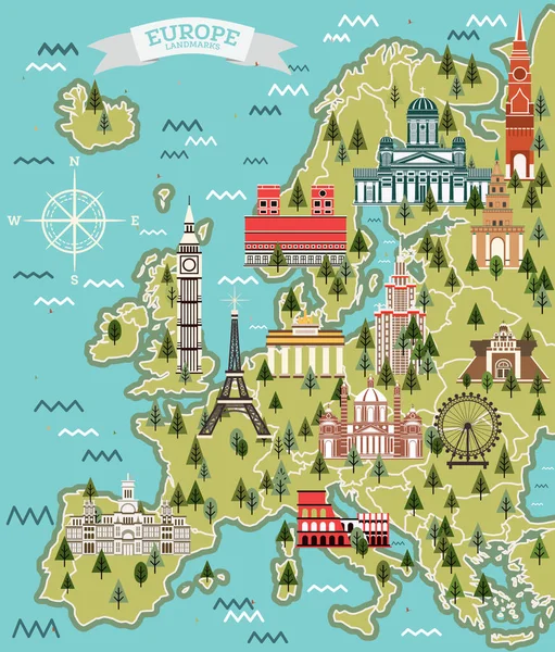 Χάρτης Της Ευρώπης Διάσημα Αξιοθέατα Εικονογράφηση Διανύσματος Ταξιδιωτική Και Τουριστική — Διανυσματικό Αρχείο