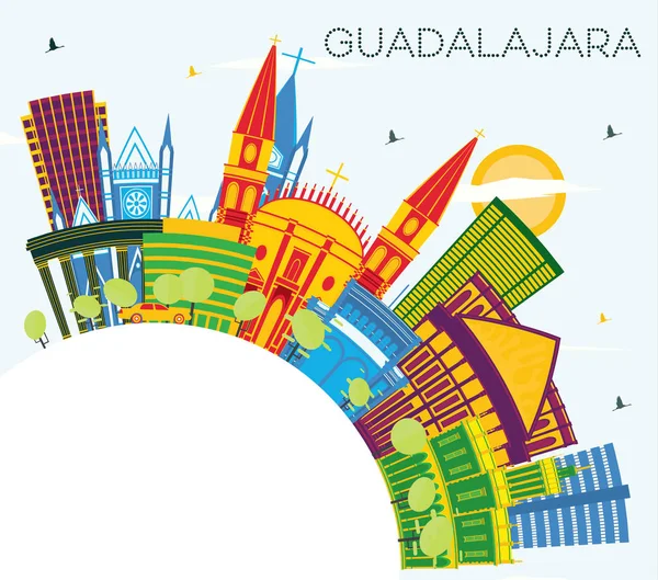 グアダラハラメキシコシティスカイラインとカラービル ブルースカイとコピースペース ベクトルイラスト 歴史的建築物とビジネス旅行や観光の概念 グアダラハラ ランドマークと都市景観 — ストックベクタ
