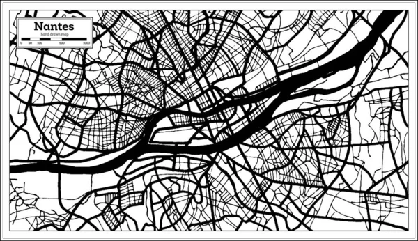 Frankreich Karte Von Nantes Schwarz Weiß Vektorillustration Übersichtskarte — Stockvektor