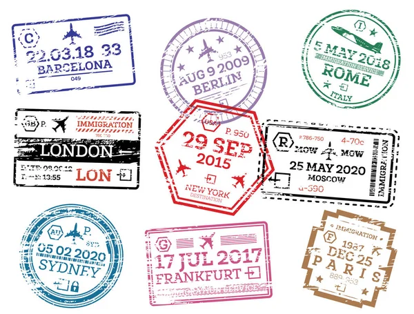 领取白色孤立的护照邮票 病媒说明 来自不同的国家和城市 莫斯科 巴塞罗那 — 图库矢量图片