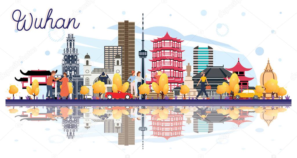 Wuhan China City Skyline with Color Buildings and Reflections Isolated on White. Vector Illustration. Business Travel and Tourism Concept with Modern Architecture. Wuhan Cityscape with Landmarks.