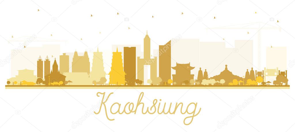 Kaohsiung Taiwan City Skyline Silhouette with Golden Buildings Isolated on White. Vector Illustration. Travel and Tourism Concept with Historic Architecture. Kaohsiung China Cityscape with Landmarks.