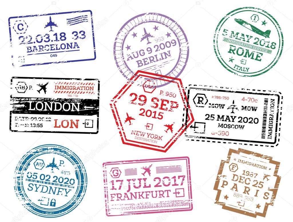 Collection of Passport Stamps Isolated on White. Vector Illustration. Set from Different Countries and Cities. London. New York. Moscow. Paris. Barcelona. Rome.