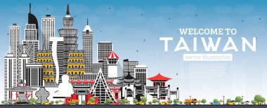 Gri Binalar ve Mavi Gökyüzü ile Tayvan City Skyline 'a hoş geldiniz. Vektör İllüstrasyonu. Tarihi Mimariyle Turizm Konsepti. Tarihi işaretli Tayvan şehri manzarası. Taipei 'de. Kaohsiung. Taichung. Tainan..