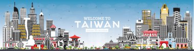 Gri Binalar ve Mavi Gökyüzü ile Tayvan City Skyline 'a hoş geldiniz. Vektör İllüstrasyonu. Tarihi Mimariyle Turizm Konsepti. Tarihi işaretli Tayvan şehri manzarası. Taipei 'de. Kaohsiung. Taichung. Tainan..