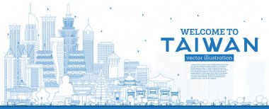 Özet: Mavi Binalı Tayvan Şehri Skyline 'ına hoş geldiniz. Vektör İllüstrasyonu. Tarihi Mimariyle Turizm Konsepti. Tarihi işaretli Tayvan şehri manzarası. Taipei 'de. Kaohsiung. Taichung. Tainan..