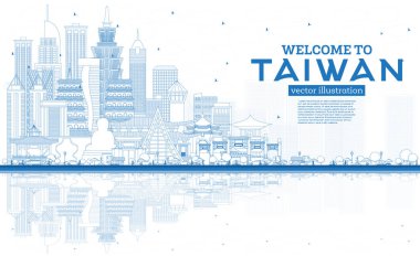 Özet: Mavi Binalar ve Yansımalarla Tayvan Şehri Skyline 'ına hoş geldiniz. Vektör İllüstrasyonu. Tarihi Mimariyle Turizm Konsepti. Tarihi işaretli Tayvan şehri manzarası. Taipei 'de. Kaohsiung. Taichung. Tainan..