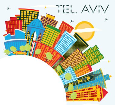 Tel Aviv İsrail Şehri Renkli Binalar, Mavi Gökyüzü ve Kopya Uzayı ile Skyline. Vektör İllüstrasyonu. Modern Mimariyle İş Seyahatleri ve Turizm Konsepti. Tel Aviv Şehir Manzarası.