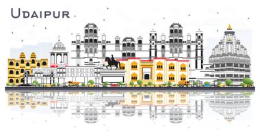 Udaipur India City Skyline Renk Binaları ve Yansımaları Beyaz 'a izole edilmiş. Vektör İllüstrasyonu. Tarihi Mimariyle İş Seyahati ve Turizm Konsepti. Simgeli Udaipur Şehir Manzarası.