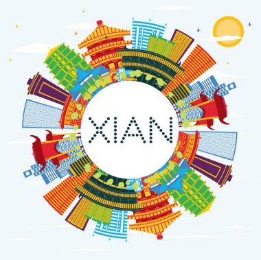 Renkli Binalar, Mavi Gökyüzü ve Uzayı Kopyalayan Xian China Skyline. Vektör İllüstrasyonu. Tarihi Mimariyle İş Seyahati ve Turizm Konsepti. Tarihi Simgeli Xian Şehir Manzarası.