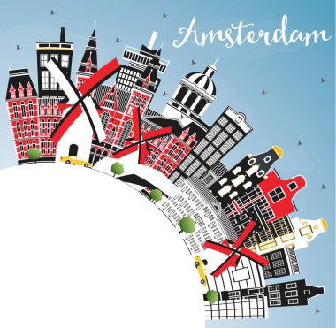 Amsterdam Holland City Skyline, Renkli Binalar, Mavi Gökyüzü ve Kopya Uzayı. Vektör İllüstrasyonu. Tarihi Mimariyle Turizm Konsepti. Amsterdam Hollanda Şehir Manzarası Simgeli.