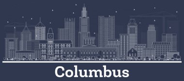 Columbus Ohio City Skyline ile White Buildings 'in ana hatlarını çiz. Vektör İllüstrasyonu. Modern Mimariyle İş Seyahatleri ve Turizm Konsepti. Tarihi Simgeli Columbus Şehir Manzarası.