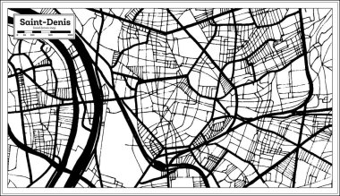 Saint-Denis Fransa haritası siyah ve beyaz renkte. Vektör İllüstrasyonu. Özet Haritası.