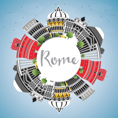 Roma İtalya Şehir Skyline Renkli Binalar, Mavi Gökyüzü ve Copy Space ile. Vektör İllüstrasyon. Tarihi Mimari ile İş Seyahati ve Konsept. Simgesel Yapılarla Roma Şehir Manzarası.