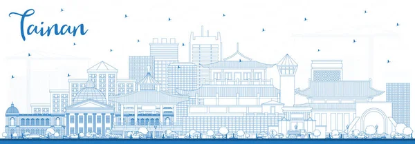 概要台南市の青い建物を持つスカイライン ベクトルイラスト 歴史的建築物とビジネス旅行や観光の概念 ランドマークのある台南市の風景 — ストックベクタ