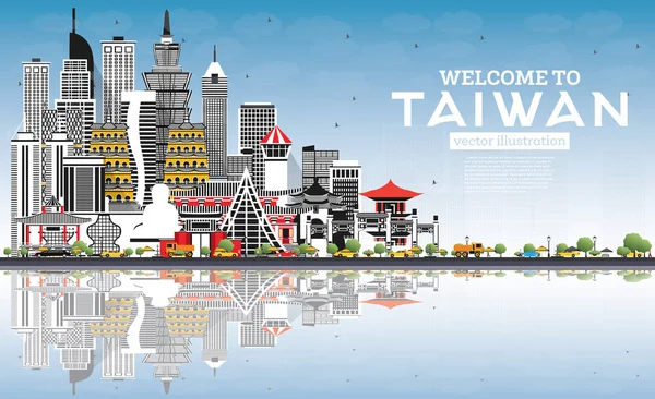 Bienvenue Taiwan City Skyline Avec Bâtiments Gris Ciel Bleu Réflexions — Image vectorielle