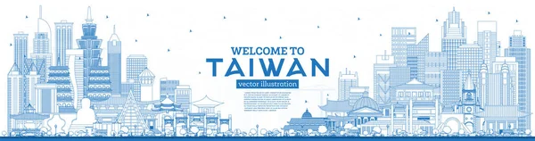 Vázlat Üdvözöljük Tajvan Város Skyline Kék Épületek Vektor Illusztráció Turizmus — Stock Vector