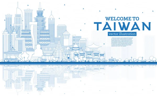 Outline Welkom Bij Taiwan City Skyline Met Blauwe Gebouwen Reflecties — Stockvector