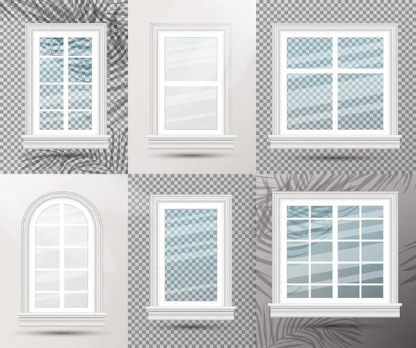 影が付いている6つの閉じた現実的なガラス窓 ベクトルイラスト 建築の設計要素 — ストックベクタ