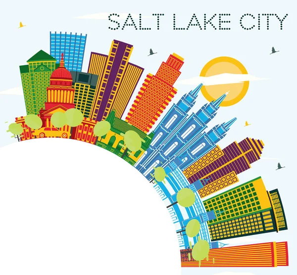 Salt Lake City Utah Skyline ve Color Buildings, Blue Sky ve Copy Space. Vektör İllüstrasyonu. Tarihi Mimariyle İş Seyahati ve Turizm Konsepti. Tarihi işaretli Salt Lake City Şehir Manzarası.