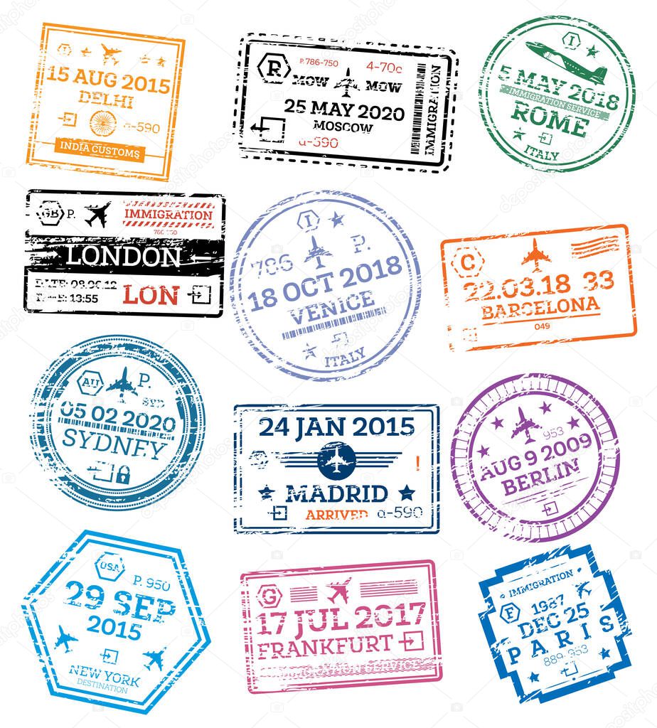 Collection of Passport Stamps Isolated on White. Vector Illustration. Set from Different Countries and Cities. Delhi. London. New York. Moscow. Paris. Barcelona. Rome.