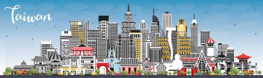 Gri Binalar ve Mavi Gökyüzü ile Tayvan Şehri Skyline 'ı. Vektör İllüstrasyonu. Tarihi Mimariyle Turizm Konsepti. Tarihi işaretli Tayvan şehri manzarası. Taipei 'de. Kaohsiung. Taichung. Tainan..