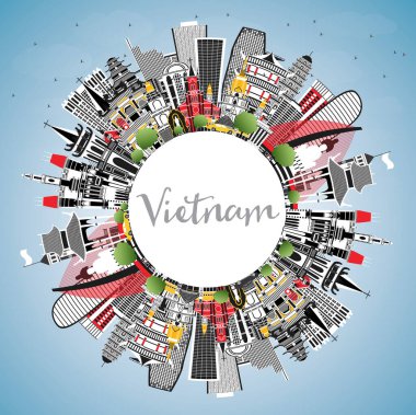 Gri Binalar, Mavi Gökyüzü ve Kopya Uzayı ile Vietnam Şehri Skyline. Vektör İllüstrasyonu. Tarih Mimarisi kavramı. Vietnam Şehri 'nin simgeleriyle. Hanoi. Ho Chi Minh. Haiphong. Da Nang..