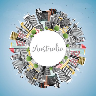 Gri Binalar, Mavi Gökyüzü ve Copy Space ile Avustralya Şehir Skyline. Vektör İllüstrasyon. Tarihi Mimariile Turizm Konsepti. Landmarks ile Avustralya Cityscape. Sydney. Melbourne. Canberra.
