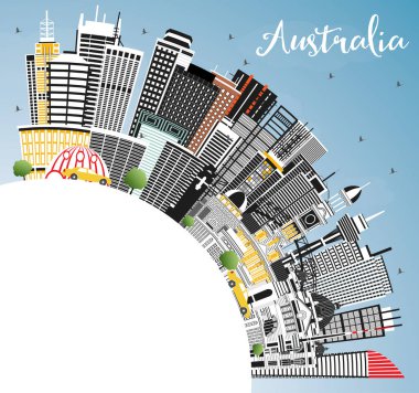 Gri Binalar, Mavi Gökyüzü ve Copy Space ile Avustralya Şehir Skyline. Vektör İllüstrasyon. Tarihi Mimariile Turizm Konsepti. Landmarks ile Avustralya Cityscape. Sydney. Melbourne. Canberra.