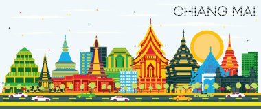 Chiang Mai Tayland şehir manzarası renkli binalar ve mavi gökyüzü. Vektör çizim. İş seyahat ve Turizm kavramı Modern mimariye sahip. Chiang Mai Cityscape yerler ile.