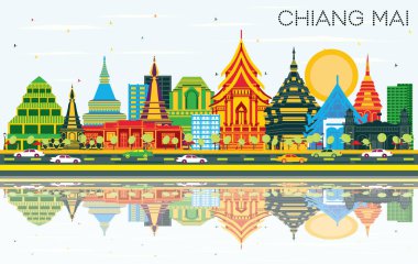 Chiang Mai Tayland City Skyline Renkli Binalar, Mavi Gök ve Yansımalar. Vektör İllüstrasyonu. Modern Mimariyle Seyahat ve Turizm Konsepti. Tarihi Simgeli Chiang Mai Şehir Manzarası.