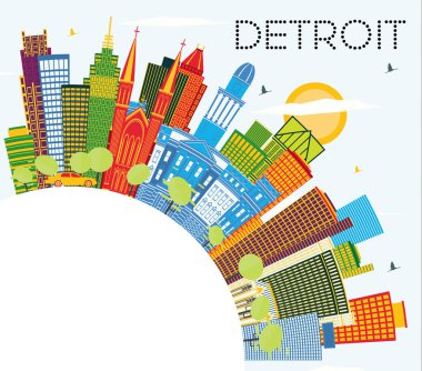 Detroit Michigan City Skyline, Renkli Binalar, Mavi Gökyüzü ve Kopya Uzayı. Vektör İllüstrasyonu. Modern Mimariyle İş Seyahatleri ve Turizm Konsepti. Detroit Usa Şehir Manzarası.