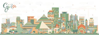 Giza Egypt City Skyline ve Renkli Binalar. Vektör İllüstrasyonu. Tarihi Mimariyle İş Seyahati ve Turizm Konsepti. Ünlü Simgeli Giza Şehir Manzarası.