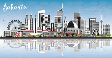 Gri Binalar, Mavi Gökyüzü ve Yansımaları ile Jakarta Endonezya City Skyline. Vektör İllüstrasyonu. Tarihi ve Modern Mimariyle İş Seyahat ve Turizm Konsepti. Tarihi yerleri olan Jakarta Şehir Manzarası.