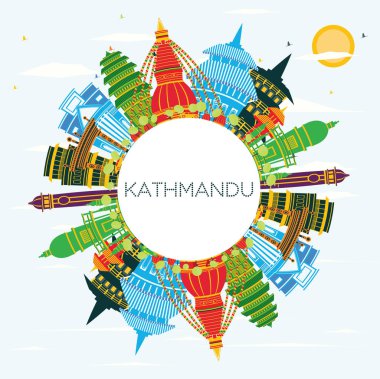 Renkli Binalar, Mavi Gökyüzü ve Kopya Uzayı ile Kathmandu Nepal City Skyline. Vektör İllüstrasyonu. Tarihi Mimariyle İş Seyahati ve Turizm Konsepti. Tarihi Simgeli Katmandu Şehir Manzarası.