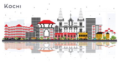 Kochi India City Skyline Renk Binaları ve Yansımaları Beyazın üstüne izole edilmiş. Vektör İllüstrasyonu. Tarihi Mimariyle İş Seyahati ve Turizm Konsepti. Simgeli Kochi Şehir Manzarası.
