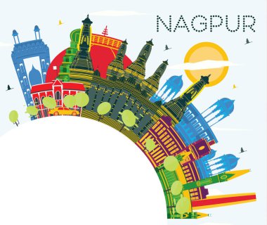 Nagpur India City Skyline, Renkli Binalar, Mavi Gökyüzü ve Kopya Uzayı. Vektör İllüstrasyonu. Tarihi Mimariyle İş Seyahati ve Turizm Konsepti. Tarihi Simgeli Nagpur Şehir Manzarası.
