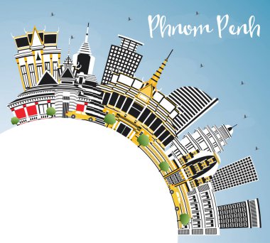 Renk Binaları, Mavi Gökyüzü ve Kopya Uzayı olan Phnom Penh Kamboçya Şehri Skyline. Vektör İllüstrasyonu. Tarihi Mimariyle Seyahat ve Turizm Konsepti. Simgeli Phnom Penh Şehir Manzarası.