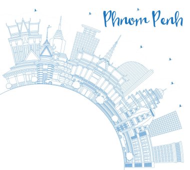 Anahat Phnom Penh Kamboçya Şehir Skyline Mavi Binalar ve Copy Space ile. Vektör İllüstrasyon. Tarihi Mimari ile İş Seyahati ve Turizm Konsepti. Dönüm noktaları ile Phnom Penh Cityscape.