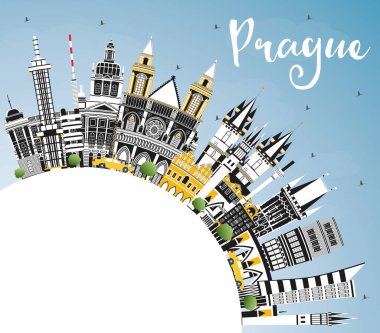 Renkli Binalar, Mavi Gökyüzü ve Copy Space ile Prag Çek Cumhuriyeti Şehir Skyline. Vektör İllüstrasyon. Tarihi Mimari ile İş Seyahati ve Turizm Konsepti. Simgesel Yapılı Prag Şehir Manzarası.