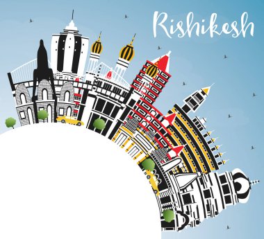 Renk Binalar, Mavi Gökyüzü ve Copy Space ile Rishikesh Hindistan Şehir Skyline. Vektör İllüstrasyon. Tarihi Mimari ile İş Seyahati ve Turizm Konsepti. Simgesel Yapılar ile Rishikesh Cityscape.