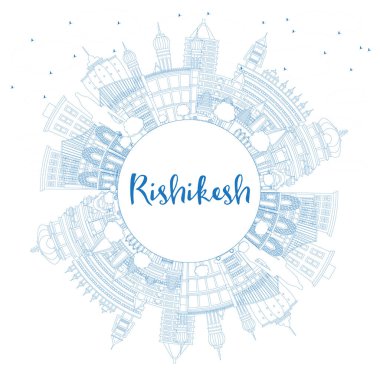 Anahat Rishikesh Hindistan Şehir Skyline Mavi Binalar ve Copy Space ile. Vektör İllüstrasyon. Tarihi Mimari ile İş Seyahati ve Turizm Konsepti. Simgesel Yapılar ile Rishikesh Cityscape.
