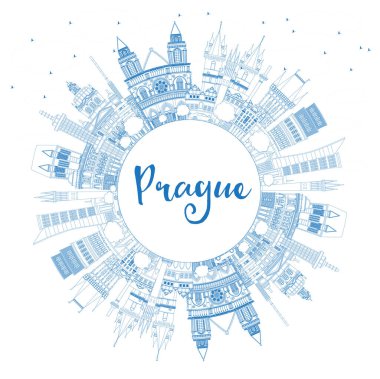 Mavi Binalar ve Copy Space ile Prag Çek Cumhuriyeti Şehir Skyline anahat. Vektör İllüstrasyon. Tarihi Mimari ile İş Seyahati ve Turizm Konsepti. Simgesel Yapılı Prag Şehir Manzarası.