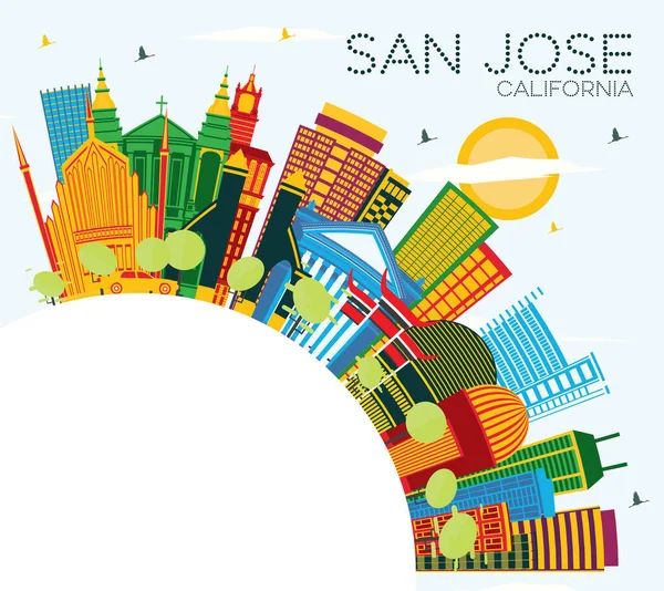 San Jose California Skyline Color Building Blue Sky Copy Space — стоковый вектор