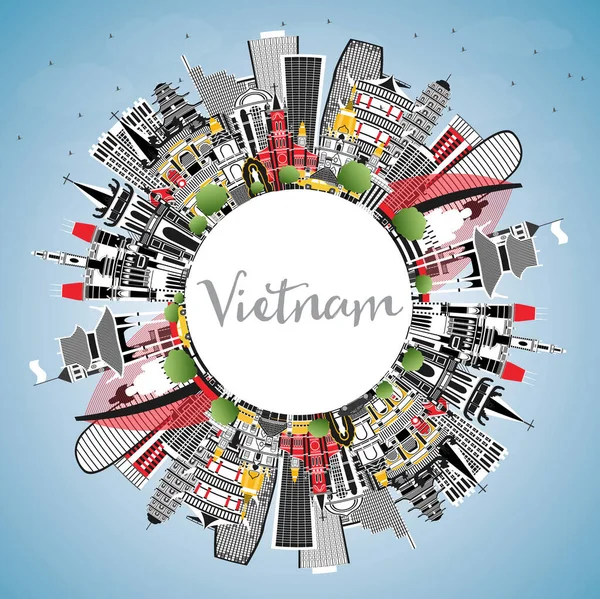 グレーの建物 青い空とコピースペースとベトナムシティスカイライン ベクトルイラスト 歴史的建造物の概念 ランドマークとベトナムの都市景観 ハノイだ ホーチミン ハイフォンだ ダナン — ストックベクタ